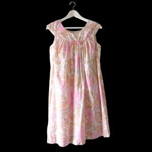 70s Mod Floral Nightgown‎ Pink Peach White Comfy Ribbed Vintage Sleepwear Size S